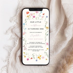Invitación de primer cumpleaños con flores silvestres: Plantilla editable de Evite para fiesta en el jardín (Canva)
