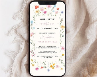 Wildflower First Birthday Invitation: Editable Garden Party Evite (Canva Template)