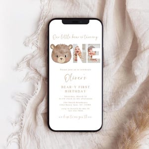 Invito digitale per il primo compleanno di Beary, invito minimalista Boho per il primo compleanno di Boy Girl, invito elettronico con foto di Teddy Bear, modello Canva modificabile