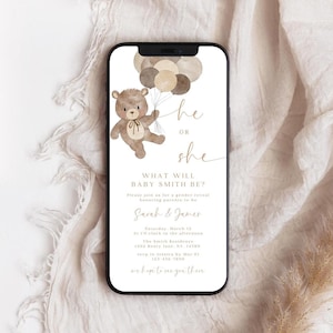 Bear Gender Reveal Digital Invitation, Gender Neutral Minimalist Boho Teddy Bear Invite, Baby Boy Girl Reveal Evite, Editable Canva Template