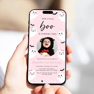 Little Boo 2nd Birthday Invitation: Pink Halloween Ghost, Editable Canva Template (Digital Download