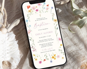 Wildflower Baptism Evite: Girl Christening Invitation (Digital Canva Template)