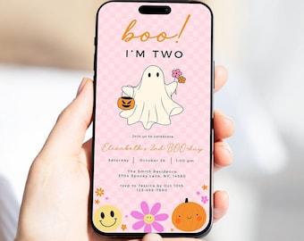 Boo I&#39;m Two Girl 2nd Birthday Digital Invitation, Halloween Retro Party Invite, Cute Groovy Ghost Smiley Evite, Editable Canva Template