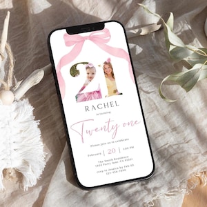 Pink Bow Girl 21st Birthday Party Invitation, Coquette Digital Invite, Twenty One Minimalist Boho Photo Evite, Editable Canva Template