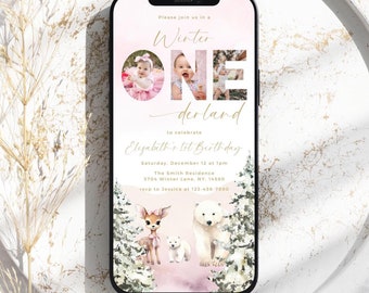 Winter Onederland Girl 1st Birthday Invitation: Pink Christmas Theme (Digital)