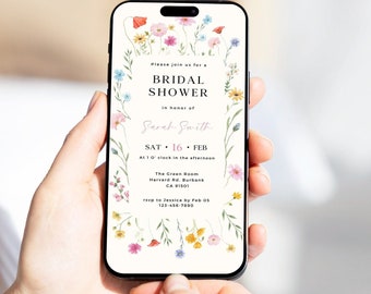 Invitación digital de despedida de soltera con flores silvestres: plantilla editable de Canva