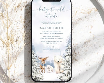 May include: A smartphone displays a baby shower invitation with a winter theme. The invitation features the text "baby it's cold outside" and details for Sarah Smith's baby shower, including date, time, and location. The design includes illustrations of a deer, polar bears, and snowy trees.