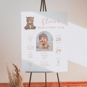 Teddy Bear 1st Birthday Milestone Sign: Boho Photo Poster (Editable Canva Template)