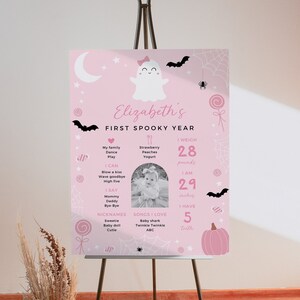 Cartello spettrale per il primo compleanno di una bambina, cartello rosa con statistiche per il primo compleanno di Halloween, poster stampabile con fantasmi carini, modificabile su Canva