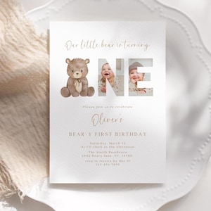 Invito stampabile per il primo compleanno di Beary, invito minimalista Boho per il primo compleanno di un bambino e una bambina, invito con foto di un orsetto, modello Canva modificabile