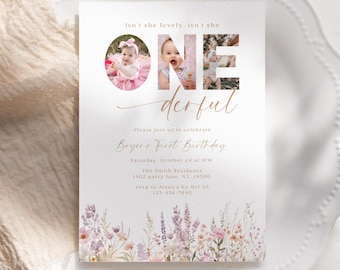 Puede incluir: Una invitación de primer cumpleaños floral rosa y blanca con un collage de fotos de una niña en forma del número uno. El texto dice "Isn't she lovely, isn't she ONEderful".