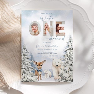 Invitación para el primer cumpleaños de un niño de Winter Onederland, invitación navideña para la primera nevada de Blue Winter Wonderland, plantilla editable de Canva SSS4