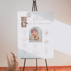 Letrero de hito de primer cumpleaños de Beary, globo minimalista de primer cumpleaños para niño y niña, pancarta de estadísticas bohemias, póster con foto de osito de peluche, plantilla de Canva editable