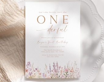 Wildflower First Birthday Invitation: Boho Floral Girl, Editable Canva Template