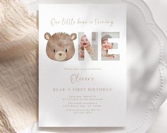 Teddy Bear 1st Birthday Invitation: Boho Photo Invite (Editable Canva Template)