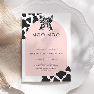 Moo Moo I&#39;m Two Girl Birthday Invitation: Farm Animals, Bow (Editable Canva Template)