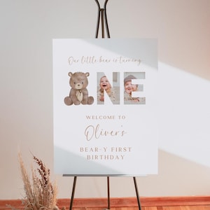 Panneau de bienvenue Beary premier anniversaire, bannière d'entrée bohème minimaliste garçon fille 1er anniversaire, affiche photo ours en peluche, modèle de toile modifiable