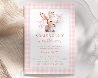 Bunny Baby Shower Invitation: Pink Gingham, Floral, Rabbit (Editable Canva Template)