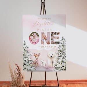Winter Onederland Mädchen 1. Geburtstag Party Willkommensschild, Rosa Wunderland Weihnachten Erster Schnee Poster, Bearbeitbare Canva Vorlage SSS3