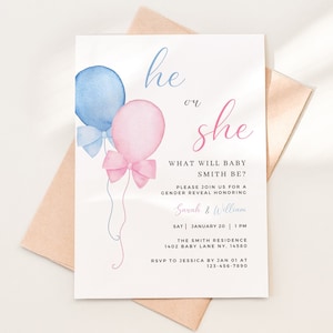 Aquarell Ballon Gender Reveal Einladung: Er oder sie, printable (Canva Template)