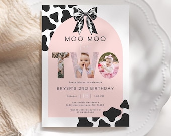 Moo Moo I'm Two Girl Birthday Invitation: Farm Animals Photo, Editable Canva Template