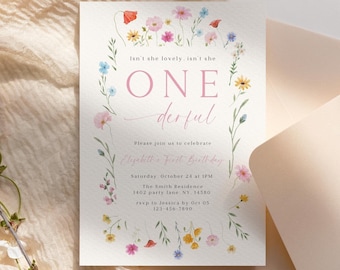 May include: A floral-themed first birthday invitation with a pink and white color scheme. The invitation features the text "Isn't she lovely. isn't she ONE derful" and details for the birthday party, including the date, time, location, and RSVP information.