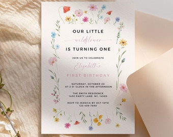 Wildflower First Birthday Invitation: Garden Party Canva Template (Digital)