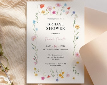 Invitación de despedida de soltera con flores silvestres: Plantilla editable de Canva (12,7 x 18,8 cm)