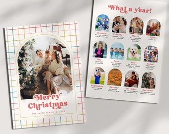 May include: Two holiday-themed cards. One card features a family photo with the text "Merry Christmas" in red script. The other card displays a "What a year!" layout with photos for each month, documenting family events.