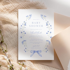Blue Wildflower Boy Baby Shower Invitation, Dusty Blue Floral Baby In Bloom Bow Coquette Invite, It's A Boy, Editable Canva Template