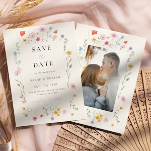Wildblumen Save The Date druckbare Einladung, Hochzeit Floral Save The Date Card mit Foto, Garten einladen, bearbeitbare Canva Vorlage SSS1