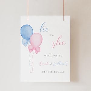 Balloon Minimalist Gender Reveal Welcome Sign, Minimal He or She/Boy or Girl Coquette Bow Entrance Banner Poster, Editable Canva Template