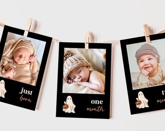 Banner fotografico mensile per il primo compleanno a tema fantasmi, festa di Halloween (modello Canva modificabile)