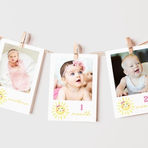 Sunshine Girl 1e eerste verjaardag maandelijkse fotobanner, zon 12 maanden teken mijlpaal decor, groeigrafiek één jaar, bewerkbare canva-sjabloon