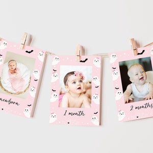 Spooky One Girl 1e eerste verjaardag roze maandelijkse fotobanner, schattige Ghost Halloween Spooktacular Party 12 maanden teken, bewerkbare canvassjabloon