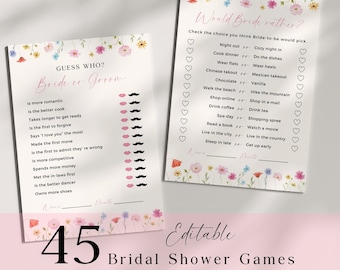 May include: A printable bridal shower game with a floral design. The game is called "Guess Who? Bride or Groom" and has a list of 12 questions. The second game is called "Would Bride Rather?" and has a list of 12 questions. Both games have a pink and white floral design.