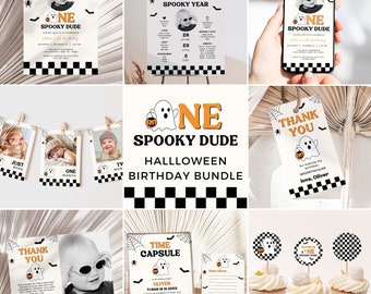 One Spooky Dude Boy 1st Birthday Invitation Bundle: Retro Ghost Theme, Editable Canva Template