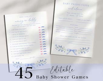 May include: Two printable baby shower game cards with blue and pink floral designs. The first card is a "Who Said It? Mommy or Daddy" game with a list of 12 statements. The second card is a "Baby Predictions and Advice" game with a list of baby predictions and a space for advice for the new parents.