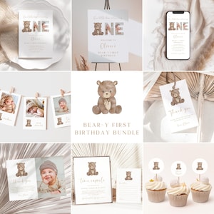 Pacote de convites para o primeiro aniversário de Beary, conjunto de decoração de convites para fotos de primeiro aniversário de menino e menina, modelo editável do Canva