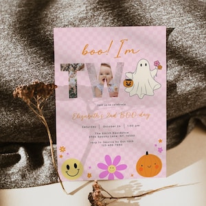 Boo I&#39;m Two Girl Birthday Invitation: Retro Halloween Ghost Party (Canva Template, Digital Download