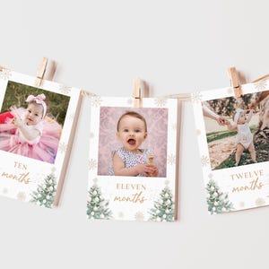 Pink Christmas 1st Birthday Monthly Photo Banner Sign: Editable Canva Template