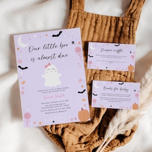 Halloween Girl Baby Shower Invitation Bundle, Purple Ghost Spooky Invite Set, A Little Boo Is Almost Due Bow Evite, Editable Canva Template