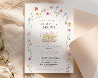 Invito per baby shower a tema "Un nuovo capitolo", invito per brunch a tema "Fiori selvatici", modello Canva modificabile