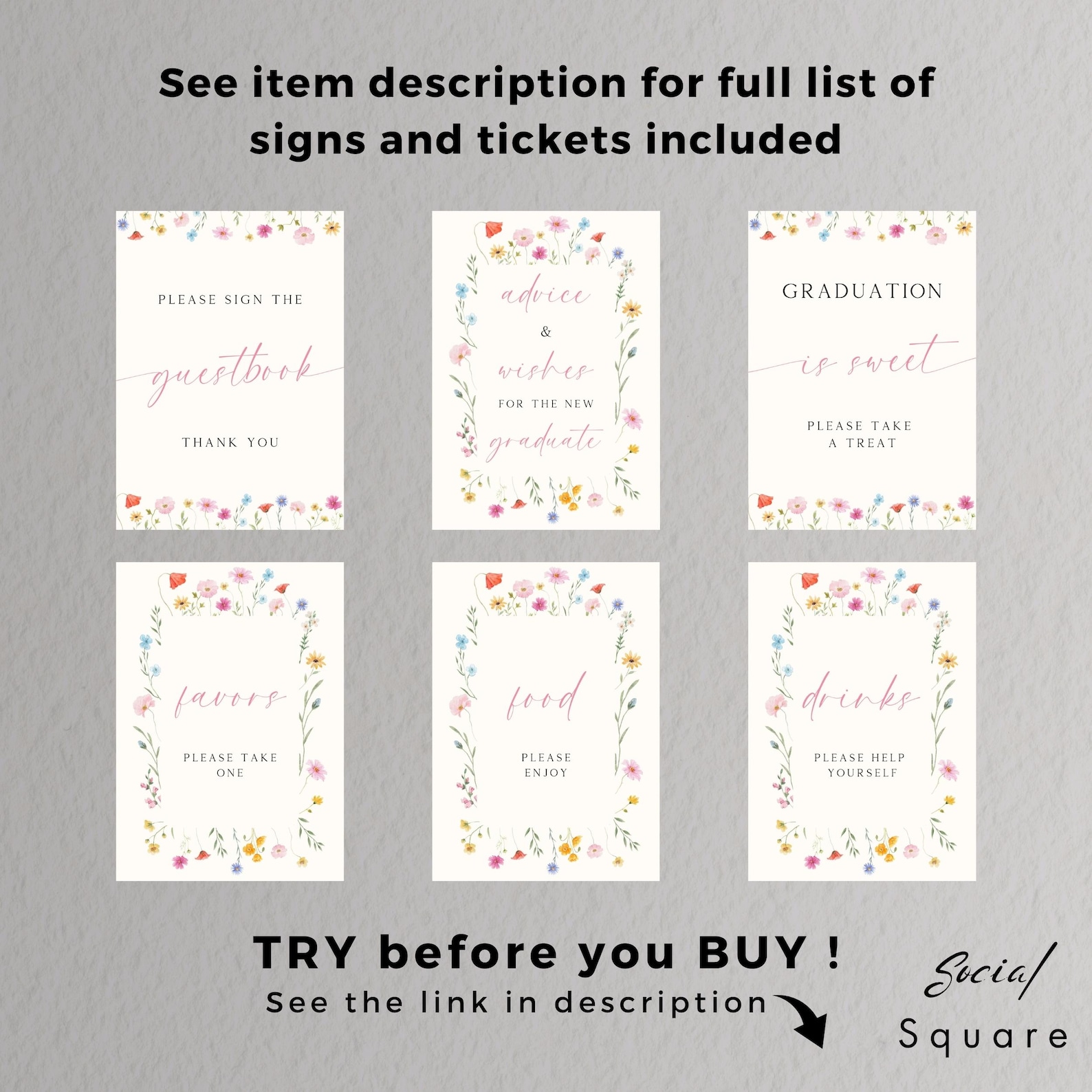 Wildflower Graduation Party Signs Bundle: Boho Floral Decor (canva ...