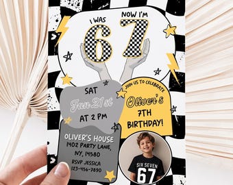 6 7 Birthday Meme Printable Invite, Retro 7th Birthday Preppy Party Digital Invitation, Seventh Bday, Editable Canva Template
