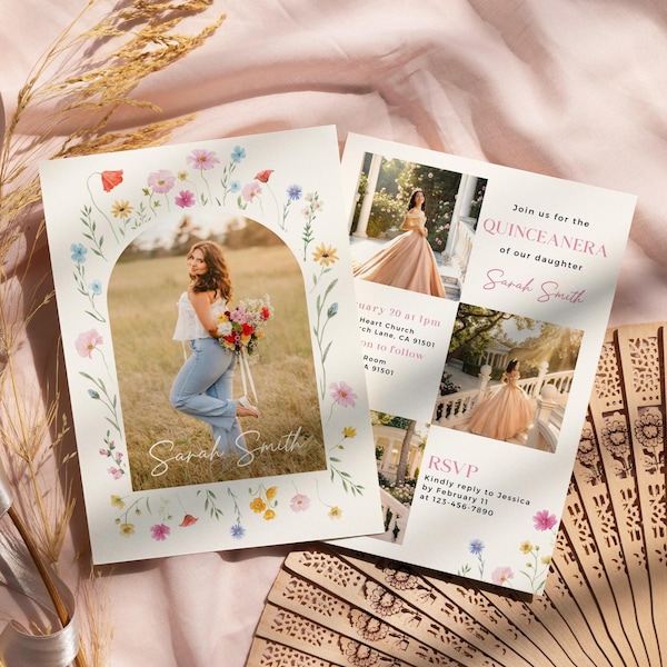 Wildblumen Quinceaña-Einladung: Mis Quince Anos, Blumen-15.Geburtstagsfeier, Boho-Fotomädchen (bearbeitbare Canva-Vorlage)