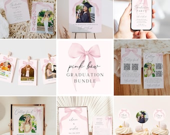 Pink Bow Graduation Party Invitation Bundle: Editable Canva Template