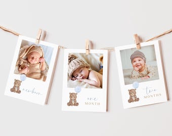 Beary First Birthday Monthly Photo Banner: Editable Canva Template (5x7 in, Digital Download
