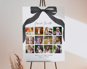 Cartello per collage di foto di laurea con fiocco nero: decorazioni eleganti per la laurea (modello Canva modificabile)
