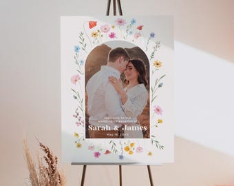 Cartello di benvenuto per matrimonio con fiori selvatici, banner fotografico boho floreale per l'ingresso, modello Canva modificabile
